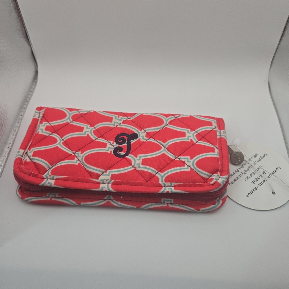 ✨ Initials Inc Quilted Zip Wallet | Coral & Mint Geometric | Monogram “J” ✨